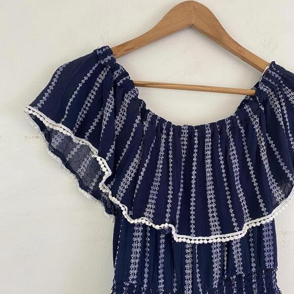 LULUS navy and white stripe boho off the shoulder romper - Picture 3 of 6